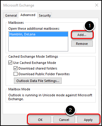 Microsoft Exchange advanced tab